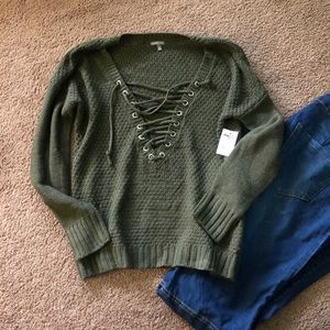 Olive green V neck sweater